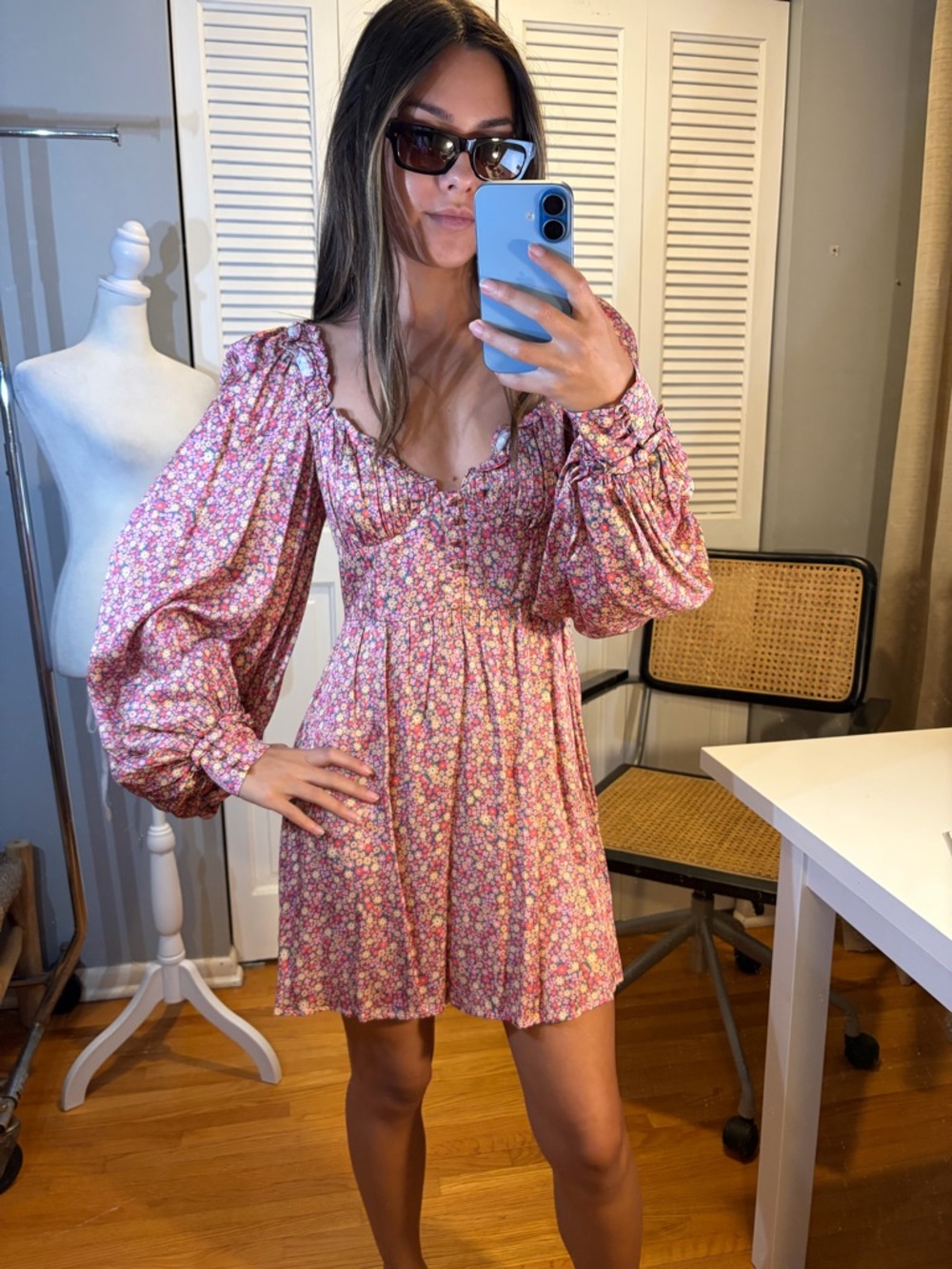 For Love & Lemons Laurie Pink Floral Puff-Sleeve Mini Dress - Picture 5 of 13